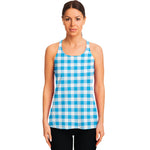Cyan Blue And White Gingham Print Women's Racerback Tank Top