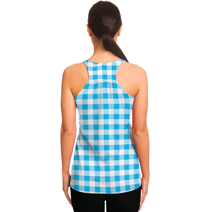 Cyan Blue And White Gingham Print Women's Racerback Tank Top