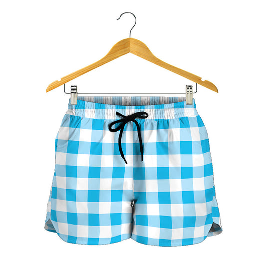Cyan Blue And White Gingham Print Women's Shorts
