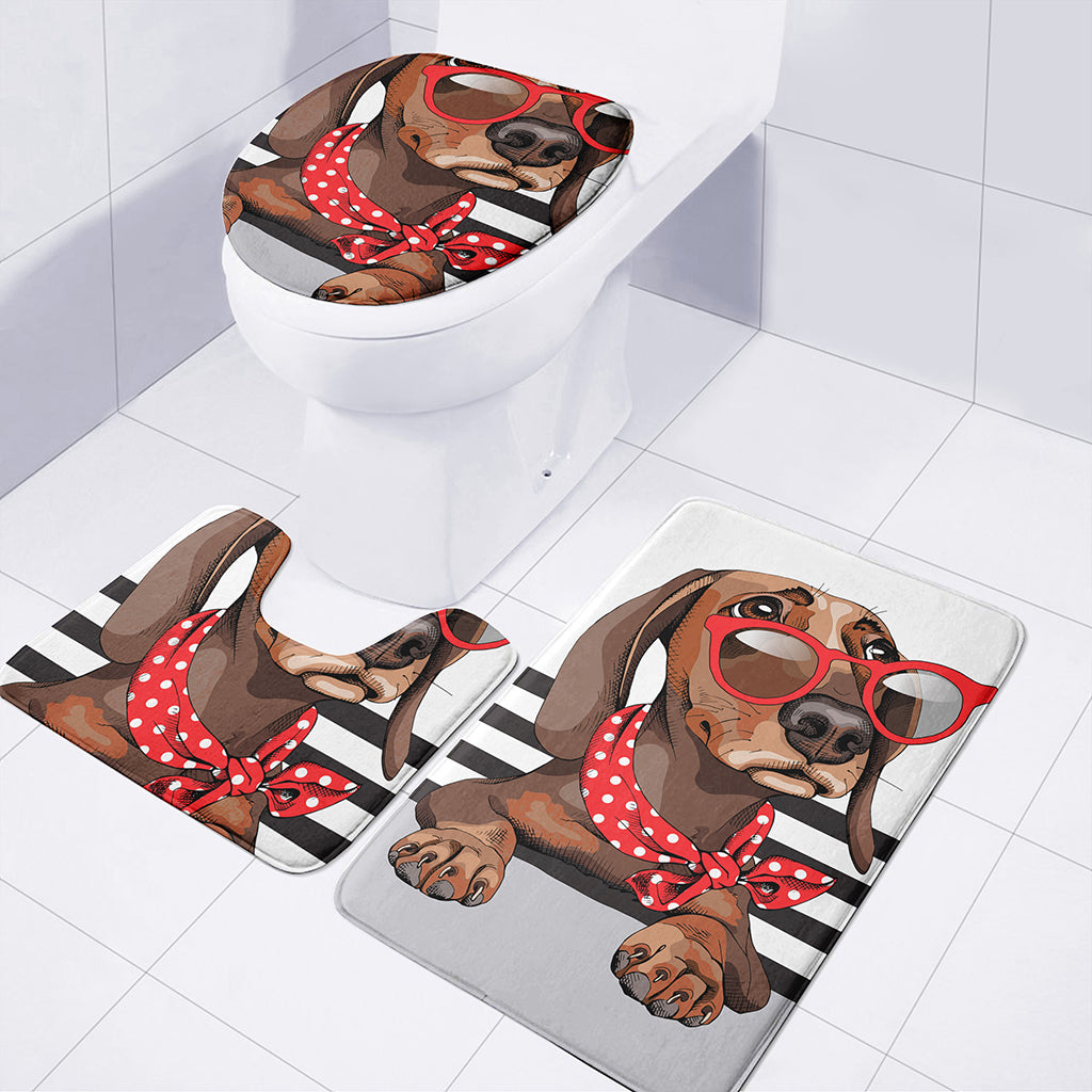 Dachshund With Red Sunglasses Print 3 Piece Bath Mat Set