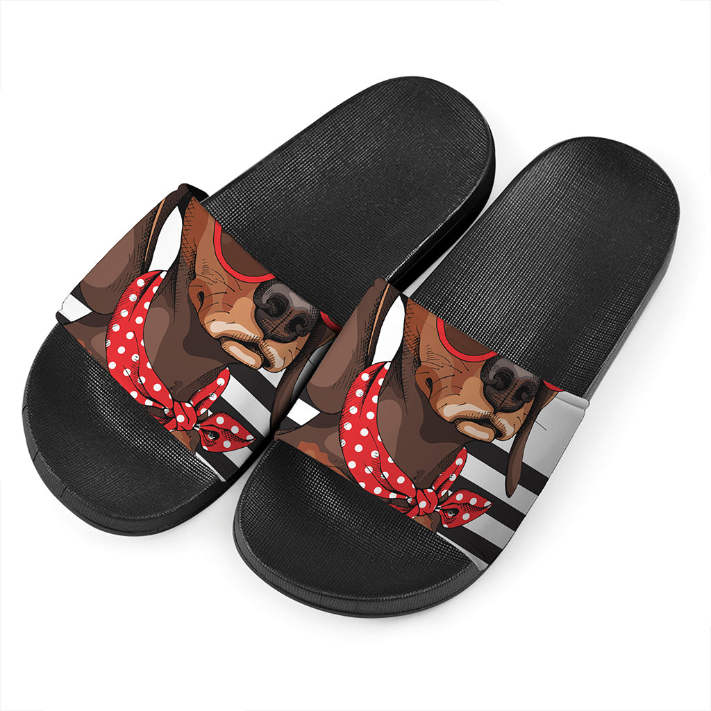 Dachshund With Red Sunglasses Print Black Slide Sandals