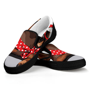 Dachshund With Red Sunglasses Print Black Slip On Shoes