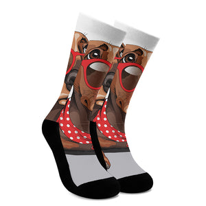 Dachshund With Red Sunglasses Print Crew Socks