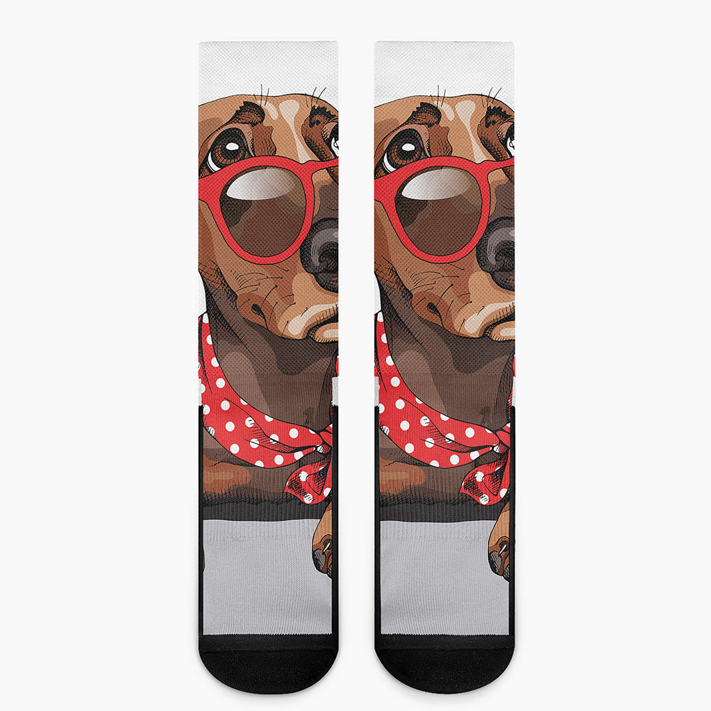 Dachshund With Red Sunglasses Print Crew Socks