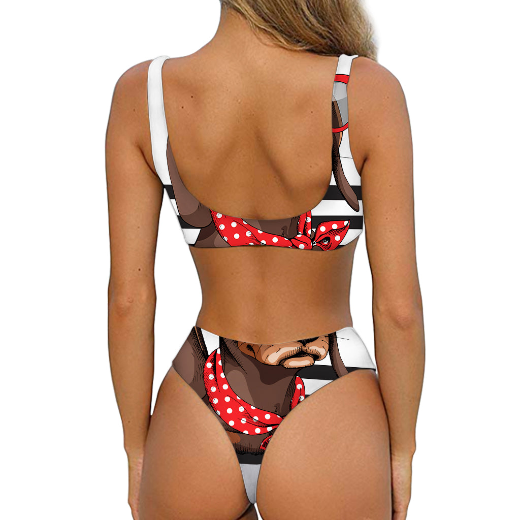 Dachshund With Red Sunglasses Print Front Bow Tie Bikini