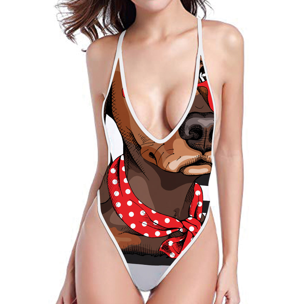 Dachshund With Red Sunglasses Print High Cut One Piece Swimsuit