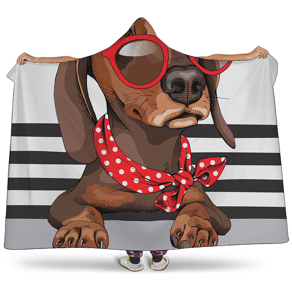 Dachshund With Red Sunglasses Print Hooded Blanket