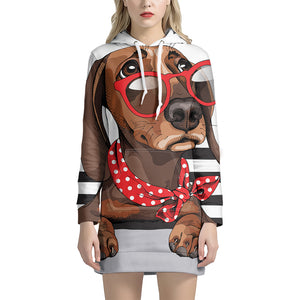 Dachshund With Red Sunglasses Print Pullover Hoodie Dress