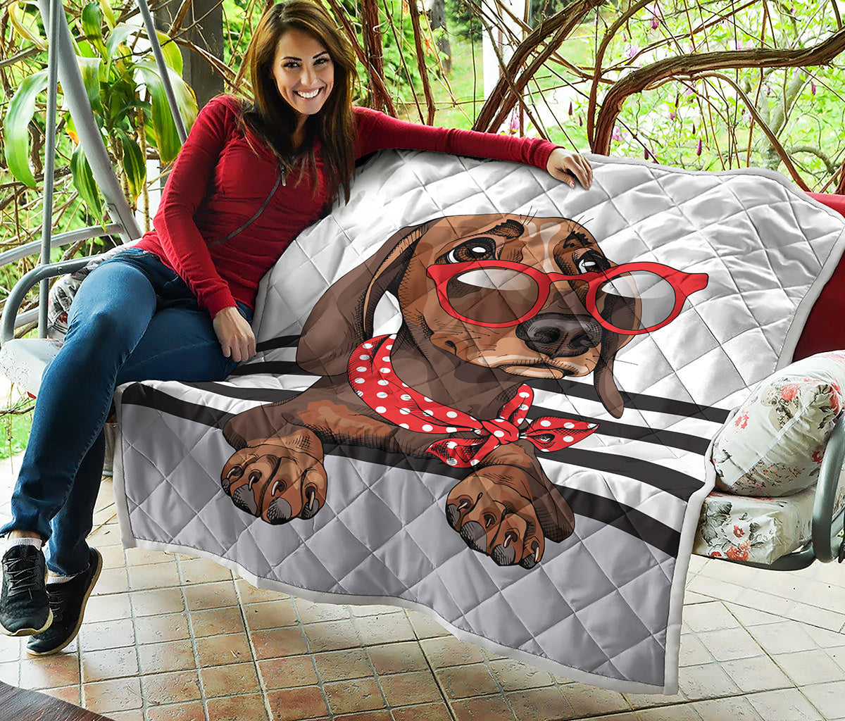 Dachshund With Red Sunglasses Print Quilt