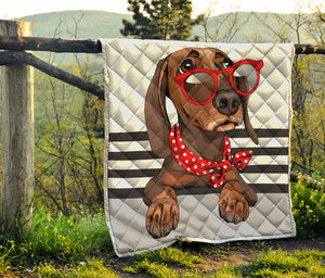 Dachshund With Red Sunglasses Print Quilt