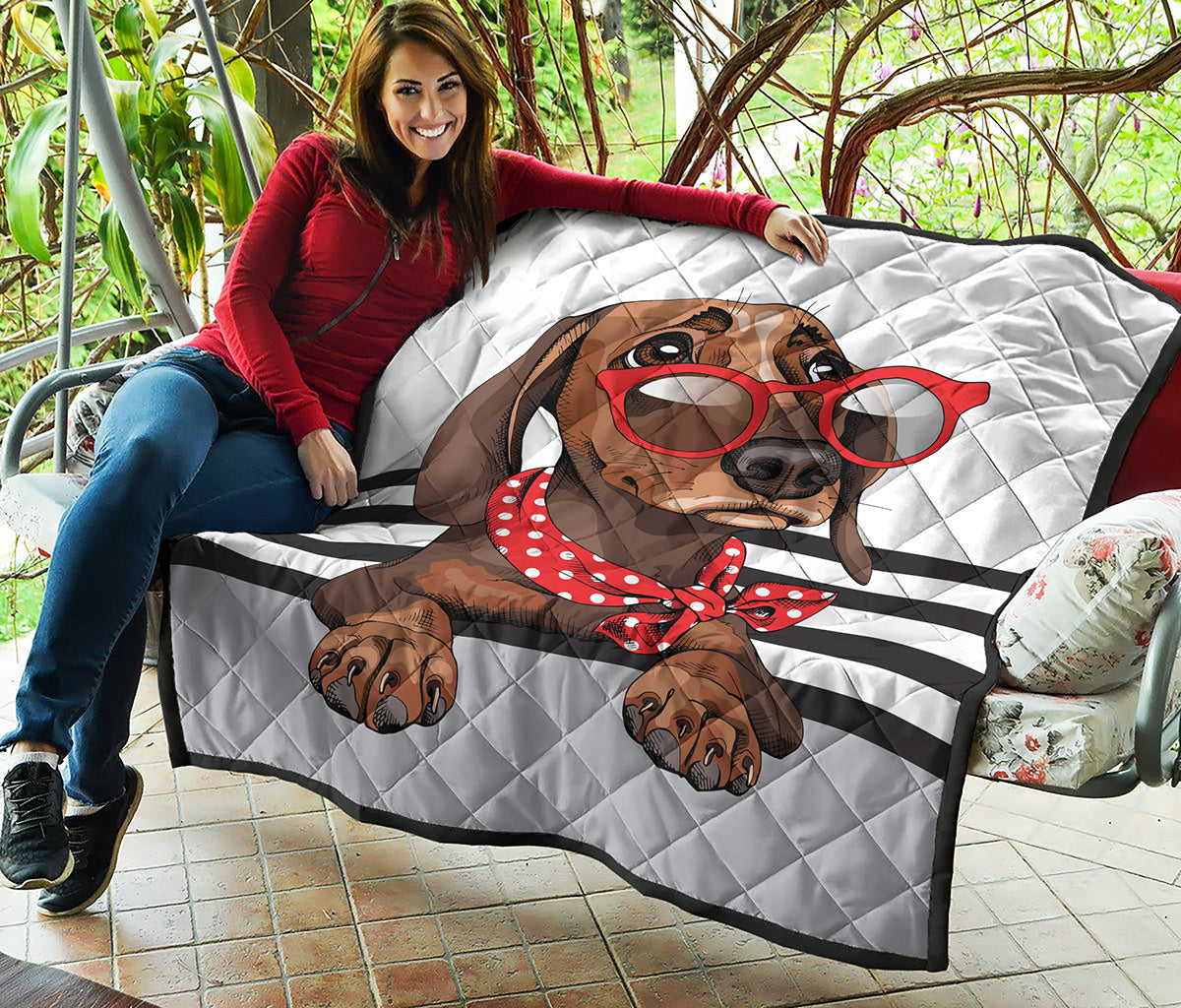 Dachshund With Red Sunglasses Print Quilt