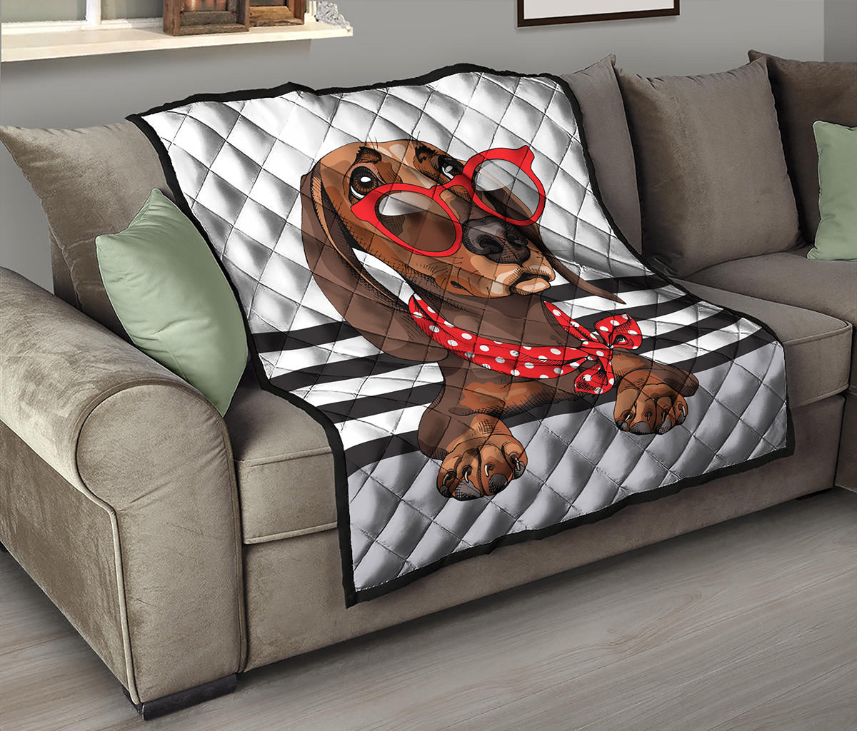 Dachshund With Red Sunglasses Print Quilt