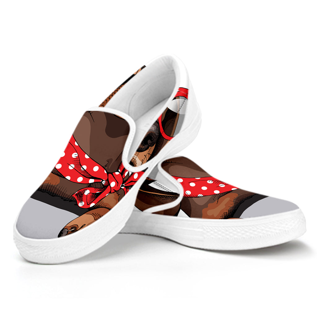 Dachshund With Red Sunglasses Print White Slip On Shoes