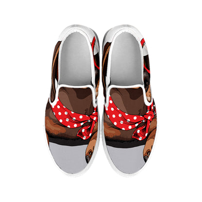 Dachshund With Red Sunglasses Print White Slip On Shoes
