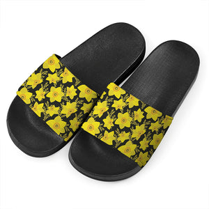 Daffodil And Mimosa Pattern Print Black Slide Sandals