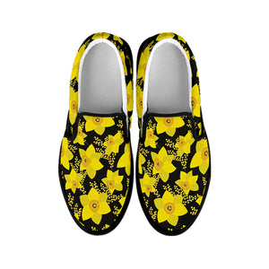 Daffodil And Mimosa Pattern Print Black Slip On Shoes