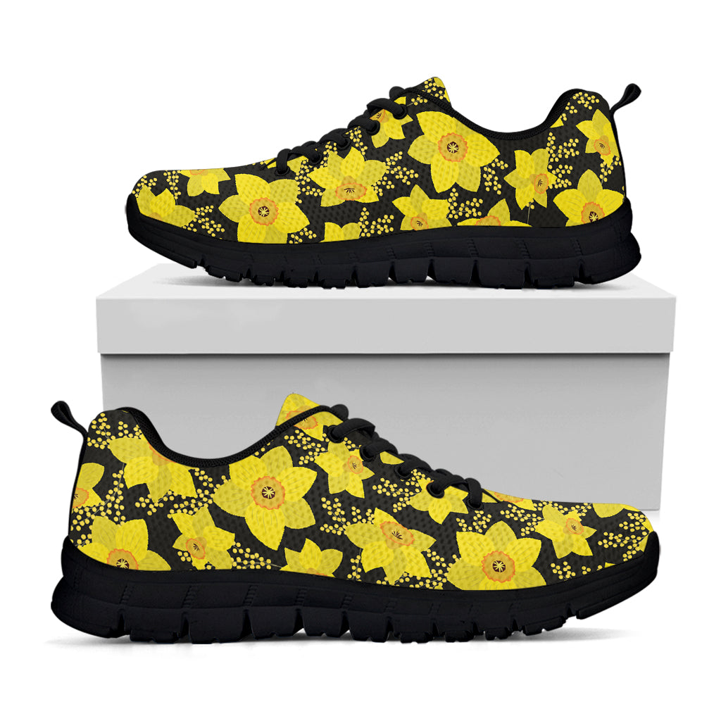 Daffodil And Mimosa Pattern Print Black Sneakers