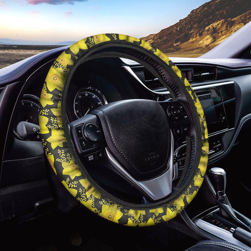 Daffodil And Mimosa Pattern Print Car Steering Wheel Cover