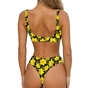 Daffodil And Mimosa Pattern Print Front Bow Tie Bikini