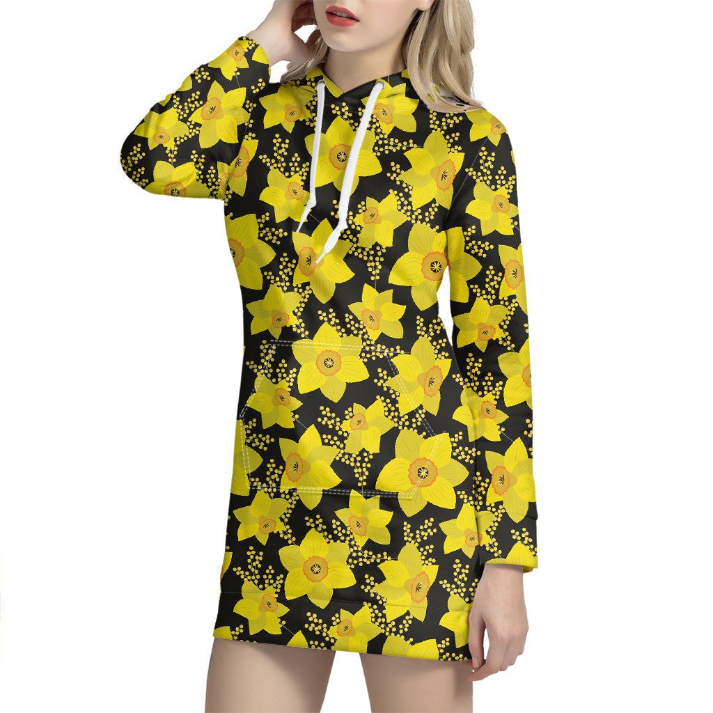 Daffodil And Mimosa Pattern Print Hoodie Dress