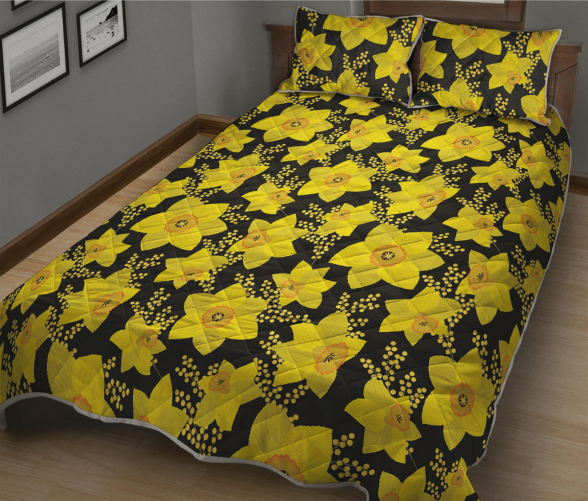 Daffodil And Mimosa Pattern Print Quilt Bed Set