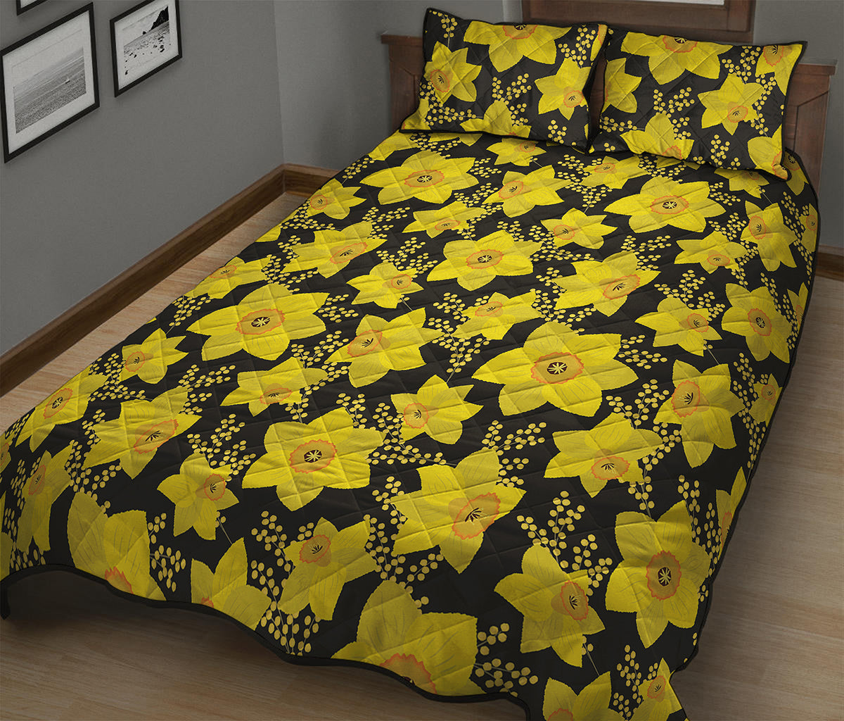 Daffodil And Mimosa Pattern Print Quilt Bed Set