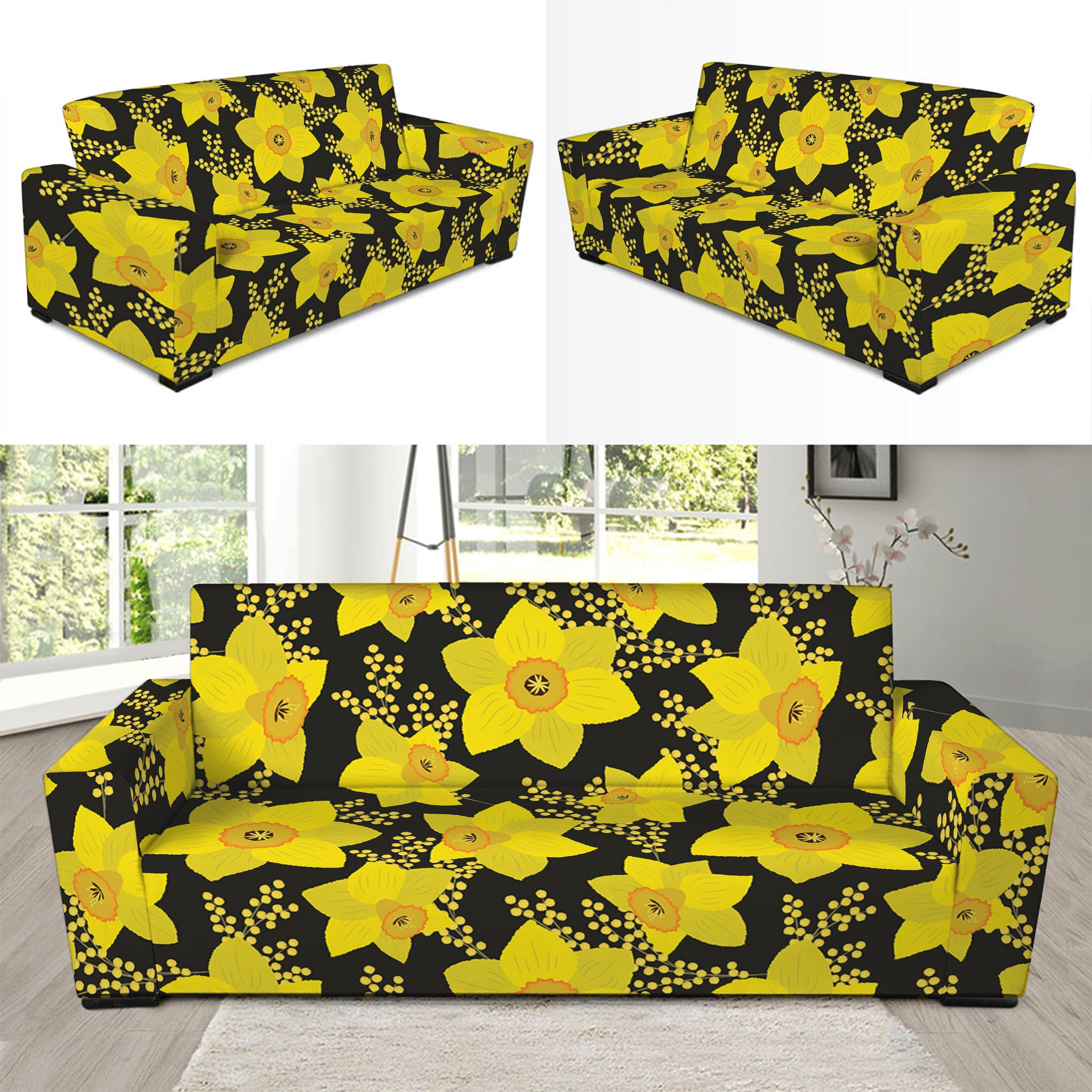 Daffodil And Mimosa Pattern Print Sofa Slipcover
