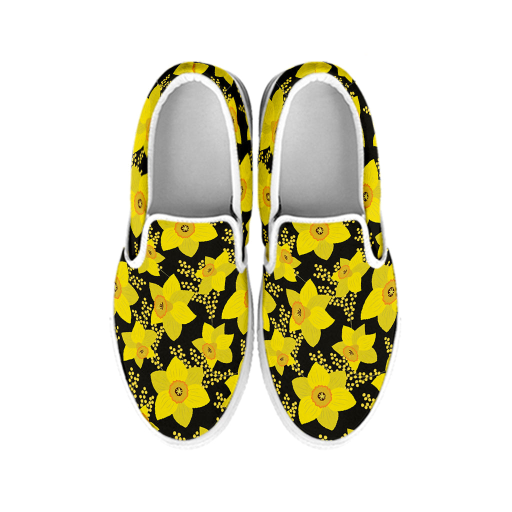 Daffodil And Mimosa Pattern Print White Slip On Shoes