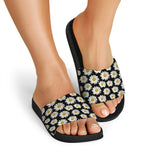 Daisy Flower Pattern Print Black Slide Sandals