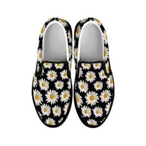 Daisy Flower Pattern Print Black Slip On Shoes