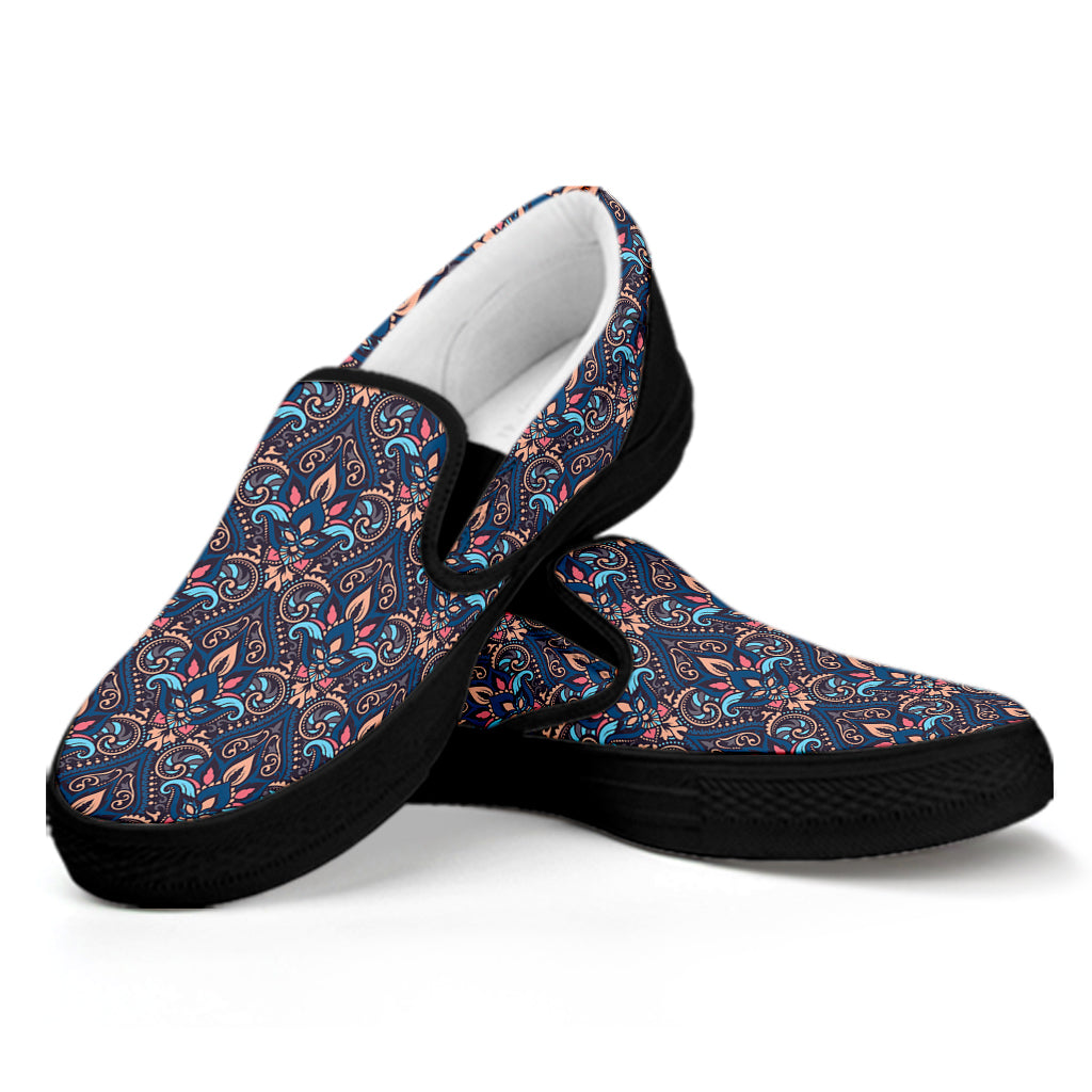 Damask Boho Pattern Print Black Slip On Shoes