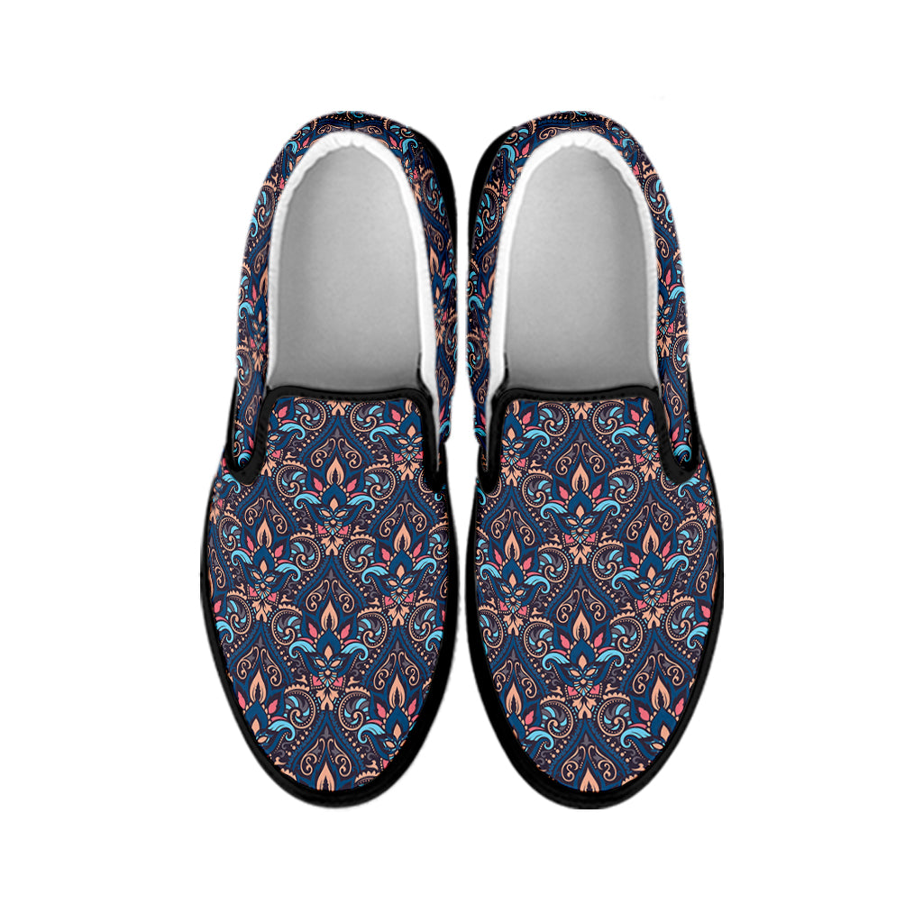 Damask Boho Pattern Print Black Slip On Shoes