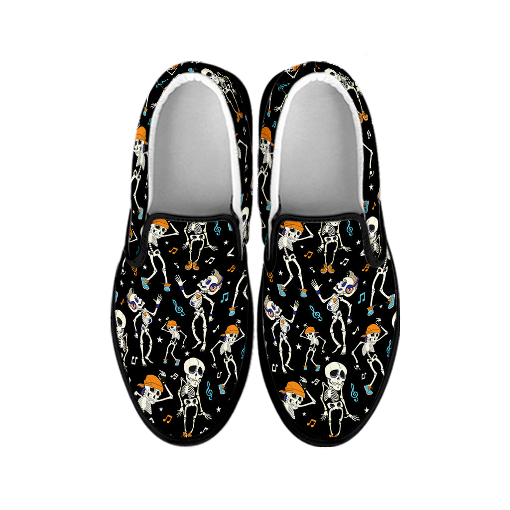 Dancing Skeleton Party Pattern Print Black Slip On Shoes