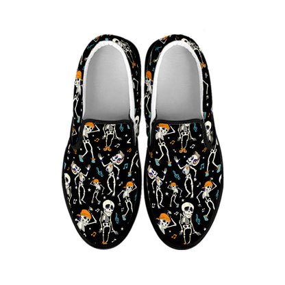 Dancing Skeleton Party Pattern Print Black Slip On Shoes