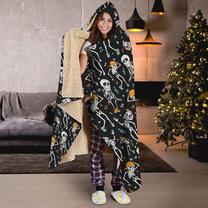 Dancing Skeleton Party Pattern Print Hooded Blanket