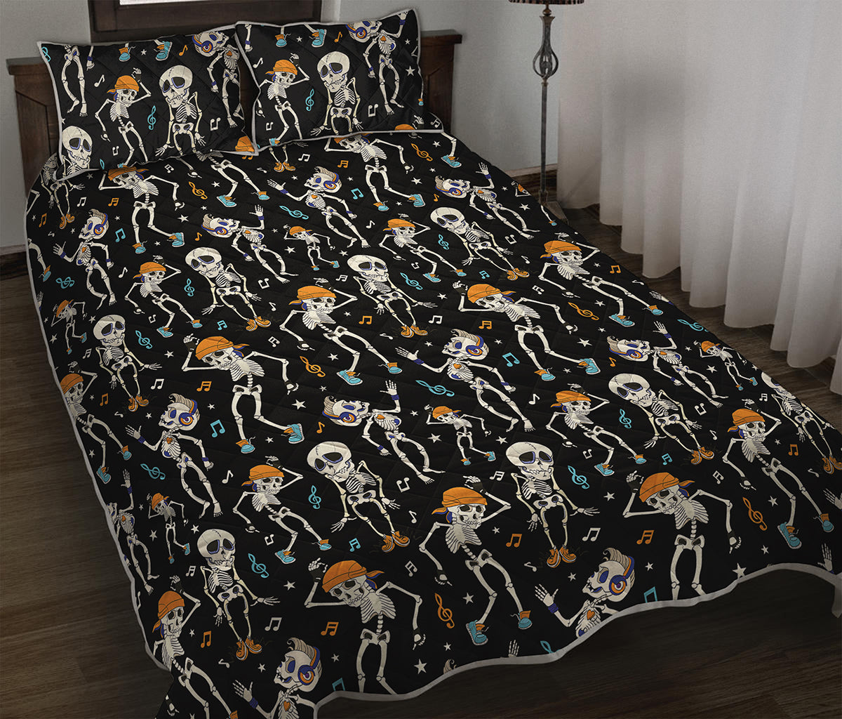 Dancing Skeleton Party Pattern Print Quilt Bed Set