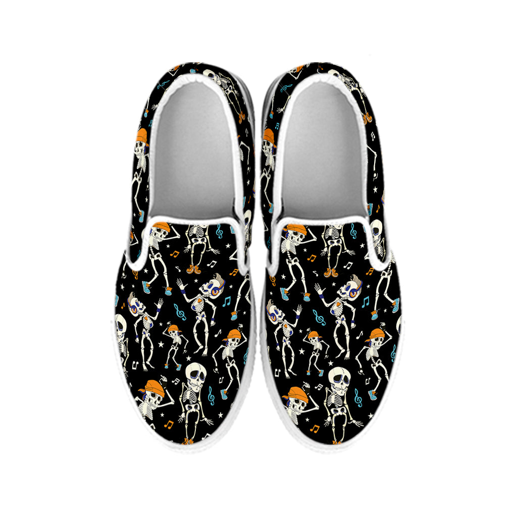 Dancing Skeleton Party Pattern Print White Slip On Shoes