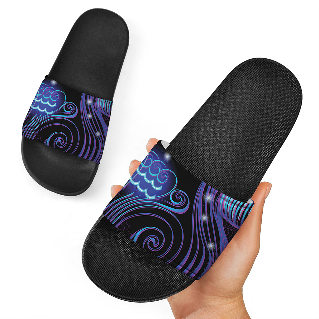 Dark Aquarius Zodiac Sign Print Black Slide Sandals