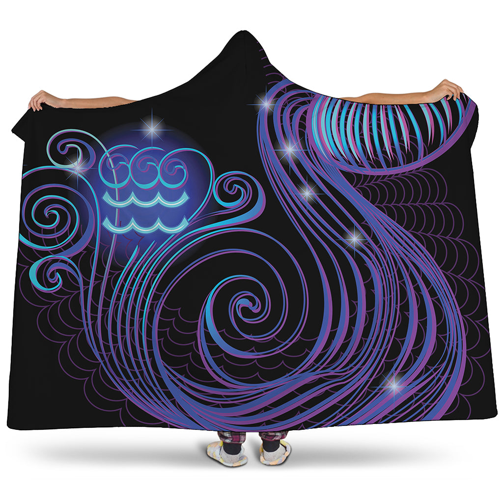 Dark Aquarius Zodiac Sign Print Hooded Blanket