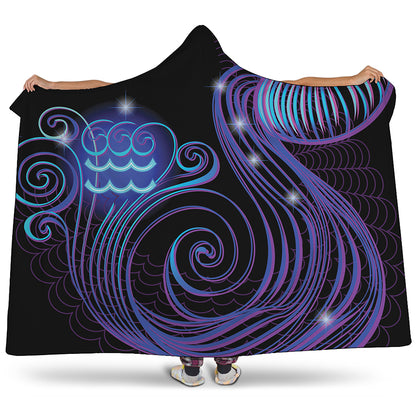 Dark Aquarius Zodiac Sign Print Hooded Blanket