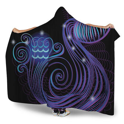 Dark Aquarius Zodiac Sign Print Hooded Blanket