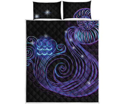 Dark Aquarius Zodiac Sign Print Quilt Bed Set