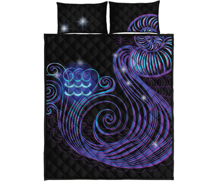 Dark Aquarius Zodiac Sign Print Quilt Bed Set