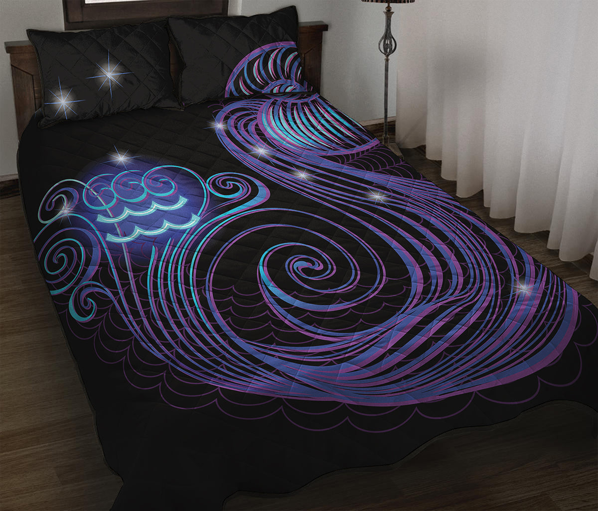 Dark Aquarius Zodiac Sign Print Quilt Bed Set