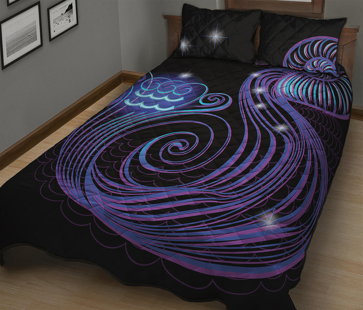 Dark Aquarius Zodiac Sign Print Quilt Bed Set