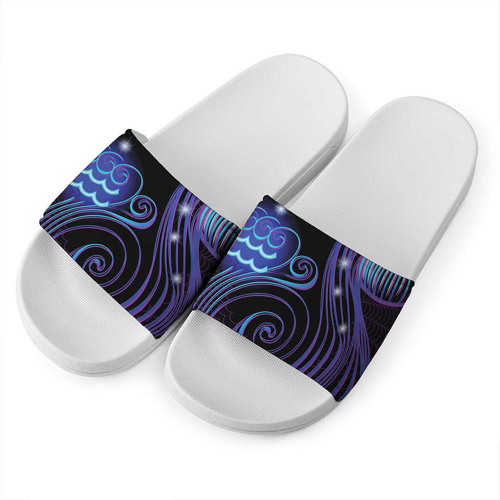 Dark Aquarius Zodiac Sign Print White Slide Sandals