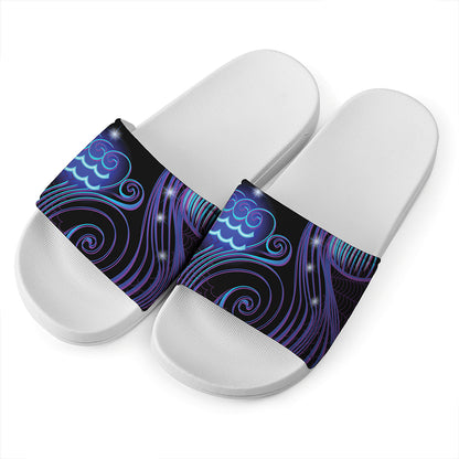 Dark Aquarius Zodiac Sign Print White Slide Sandals