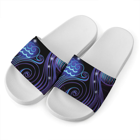 Dark Aquarius Zodiac Sign Print White Slide Sandals