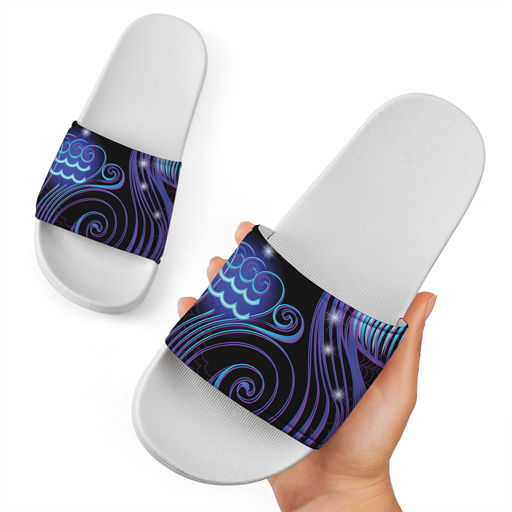 Dark Aquarius Zodiac Sign Print White Slide Sandals