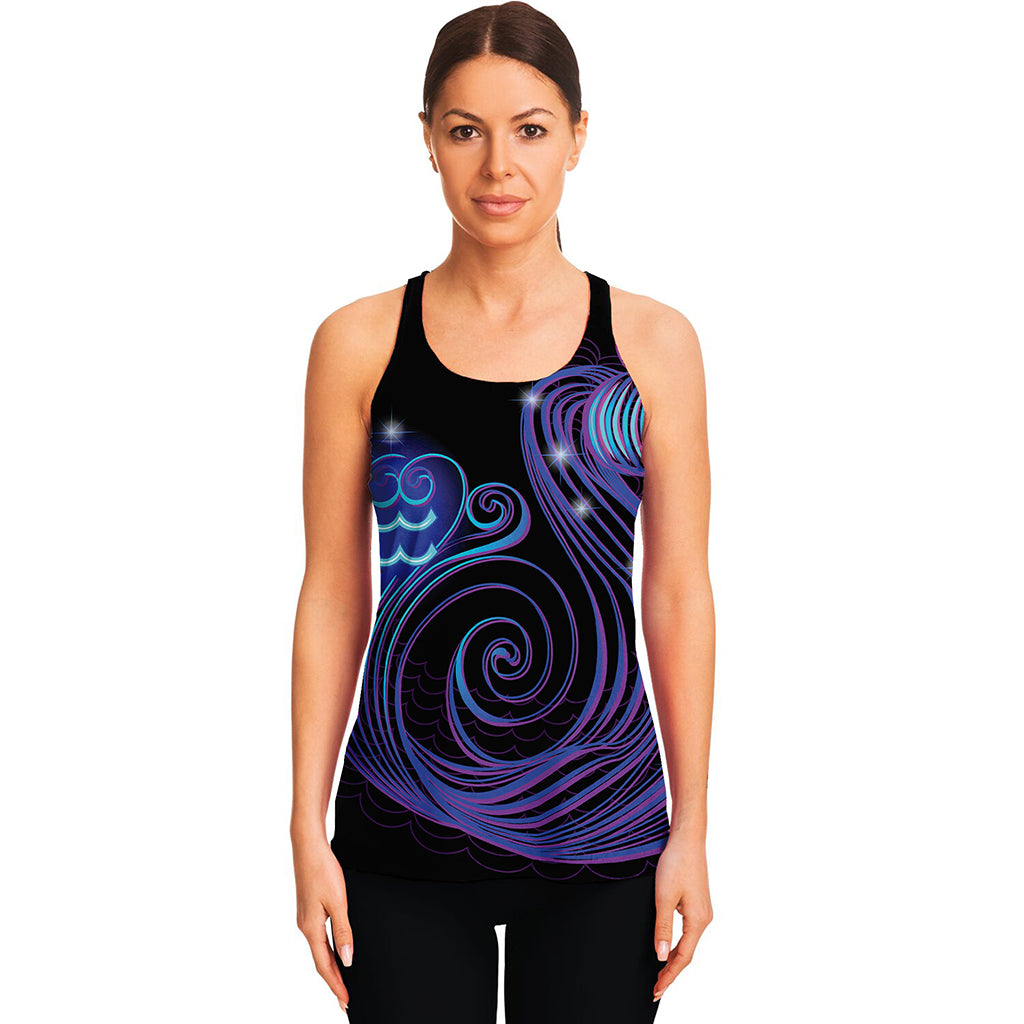 Dark Aquarius Zodiac Sign Print Women's Racerback Tank Top